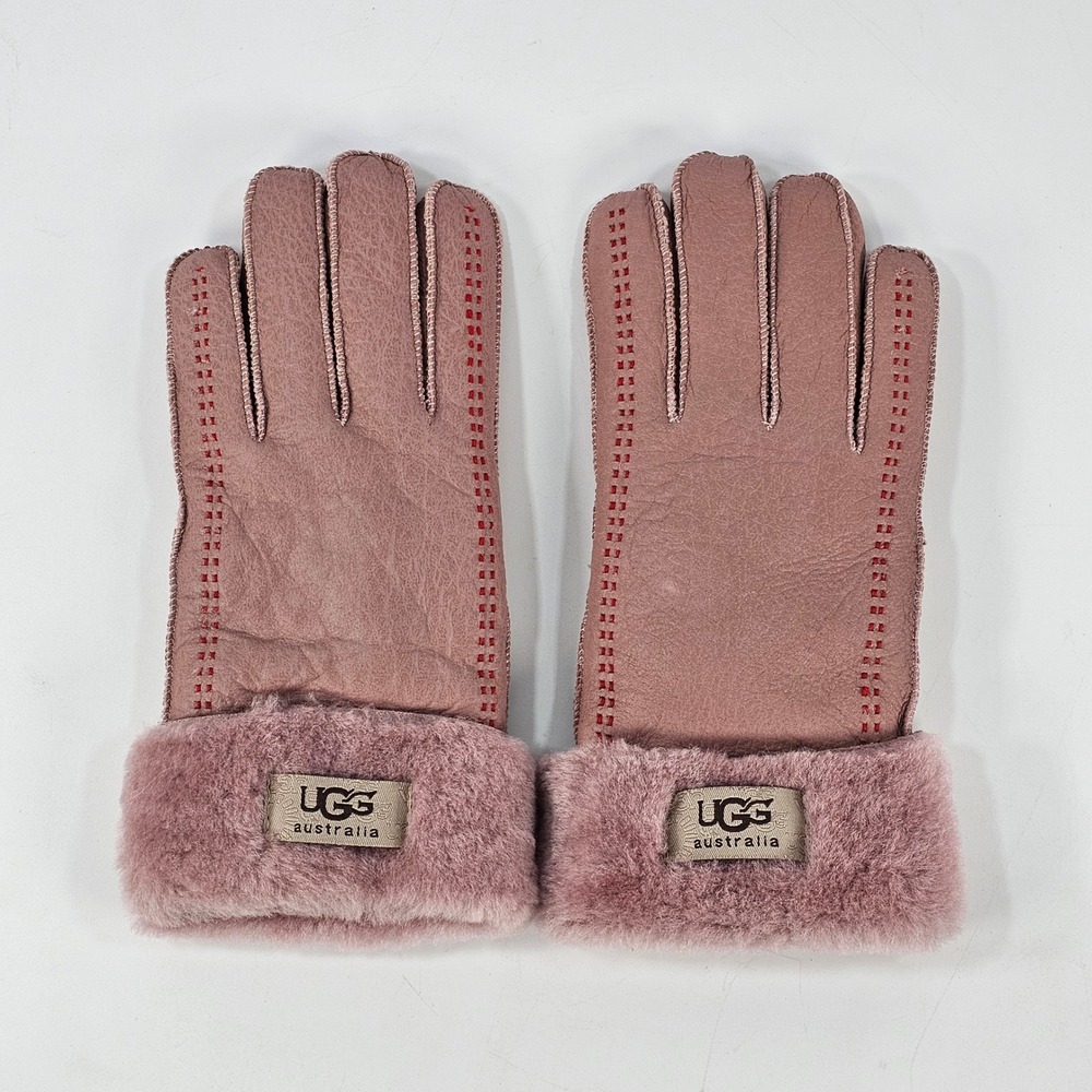 UGG Australia Women Pink Shearling Suede Gloves with Fur Cuff and Red Stitching